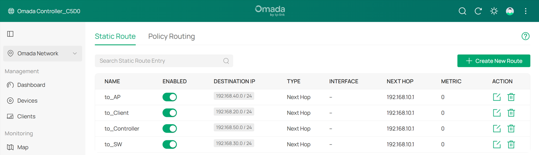 Reverse static routes configured.