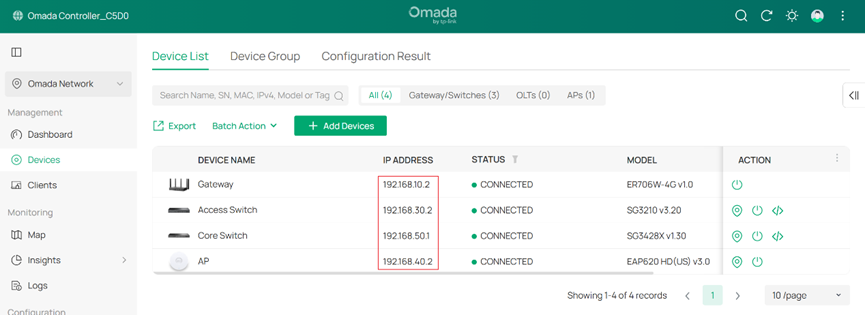 Each type of network device is assigned to its own dedicated Management VLAN.