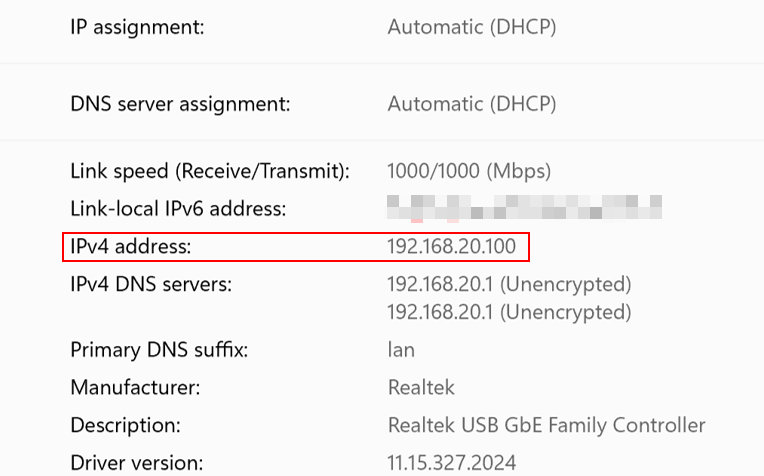 The IP address of wired client obtained.