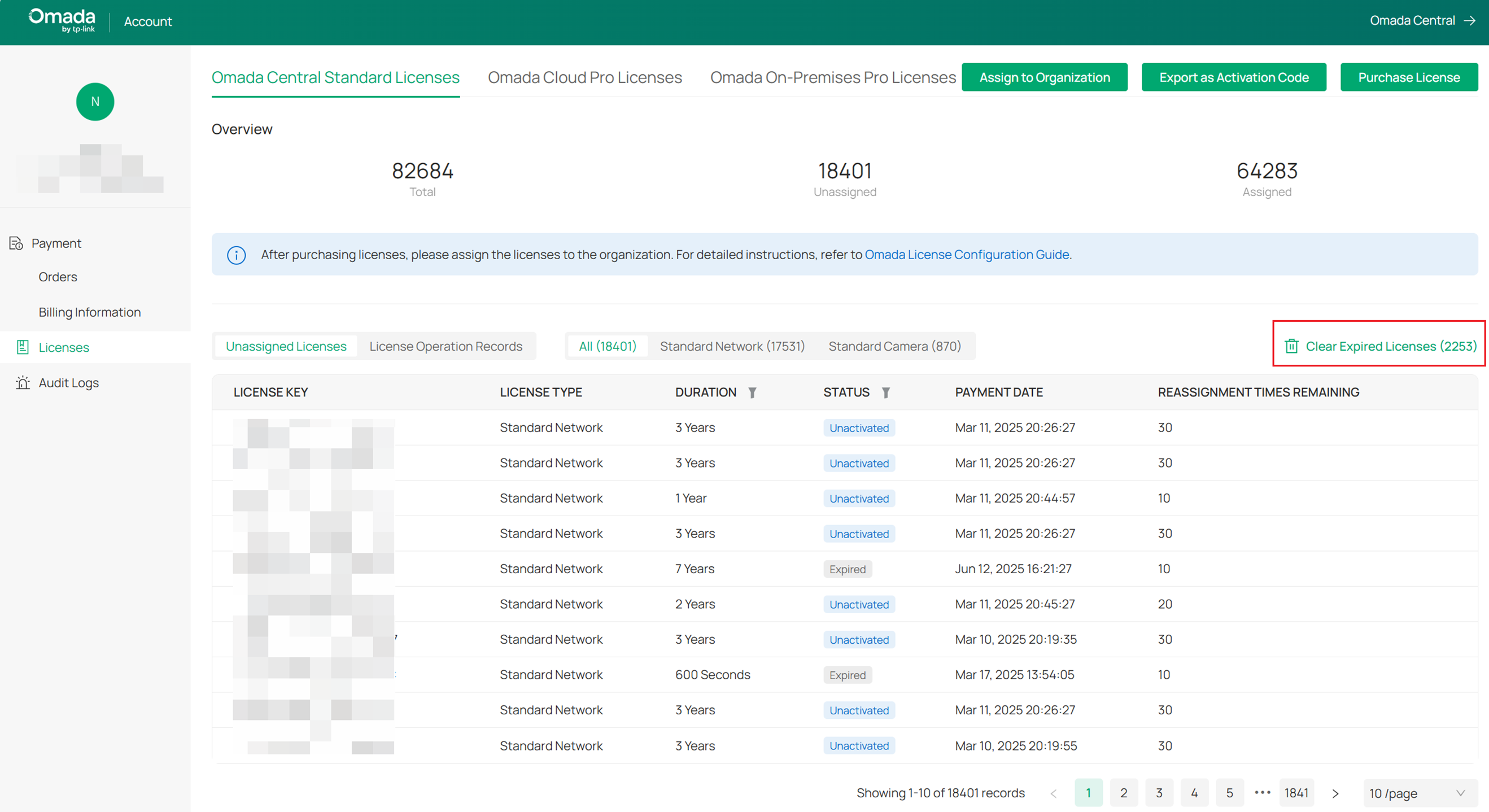 Show License status page.