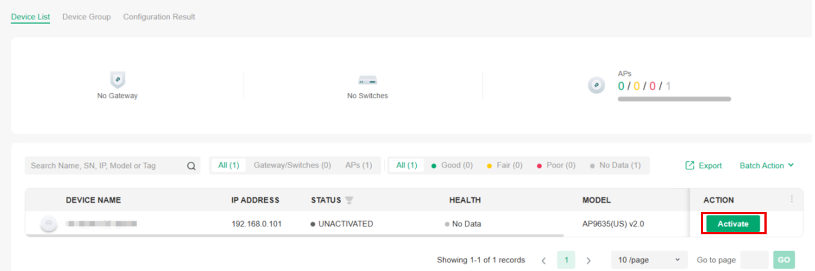 Active option in the Action column of the device list.