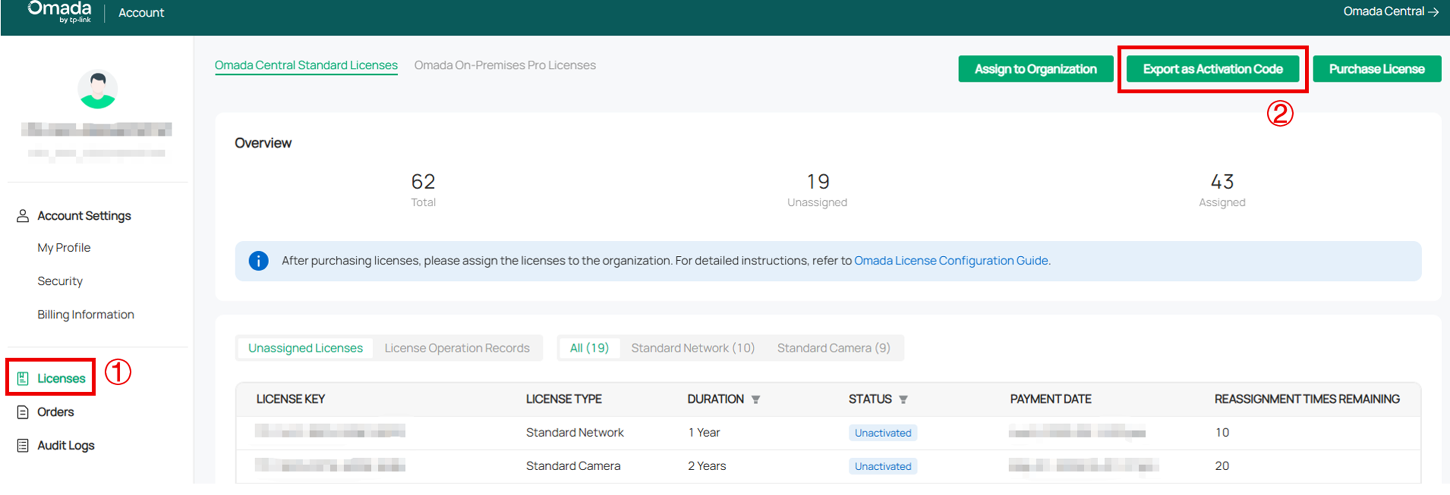 Export as activation code at the top right of the License page.