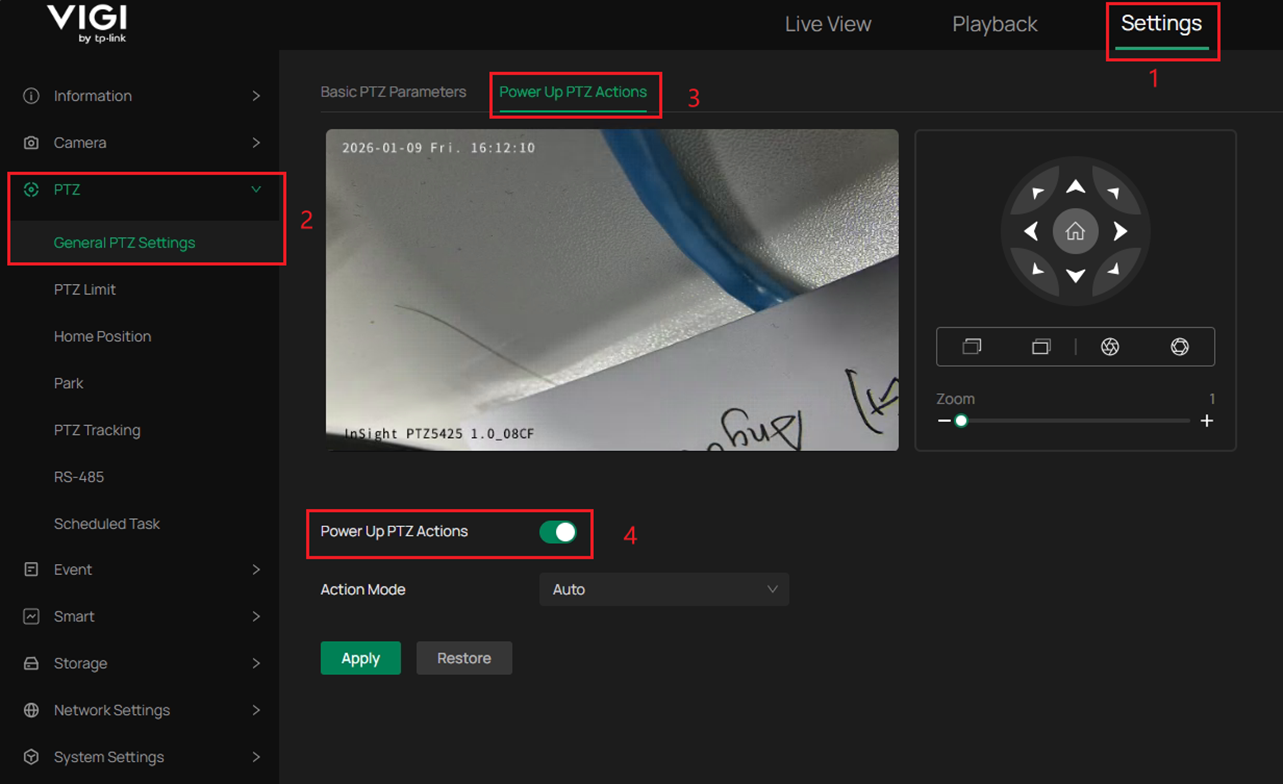 show the position of Power Up PTZ Actions configuration.