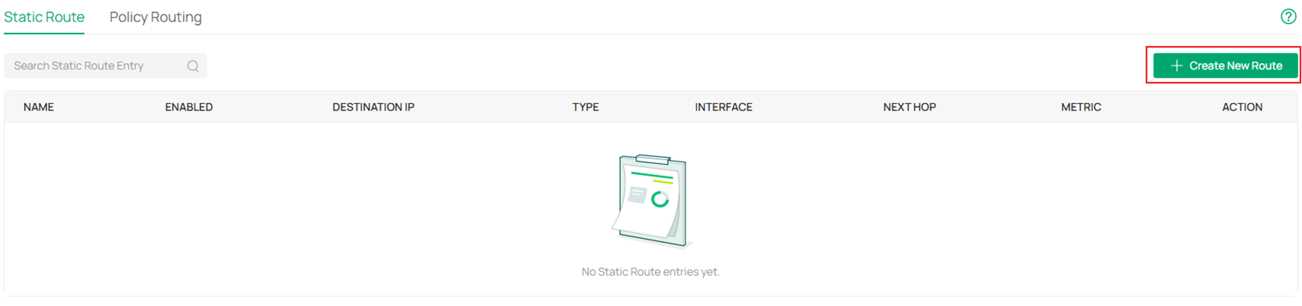 Show the gateway static route configuration page.