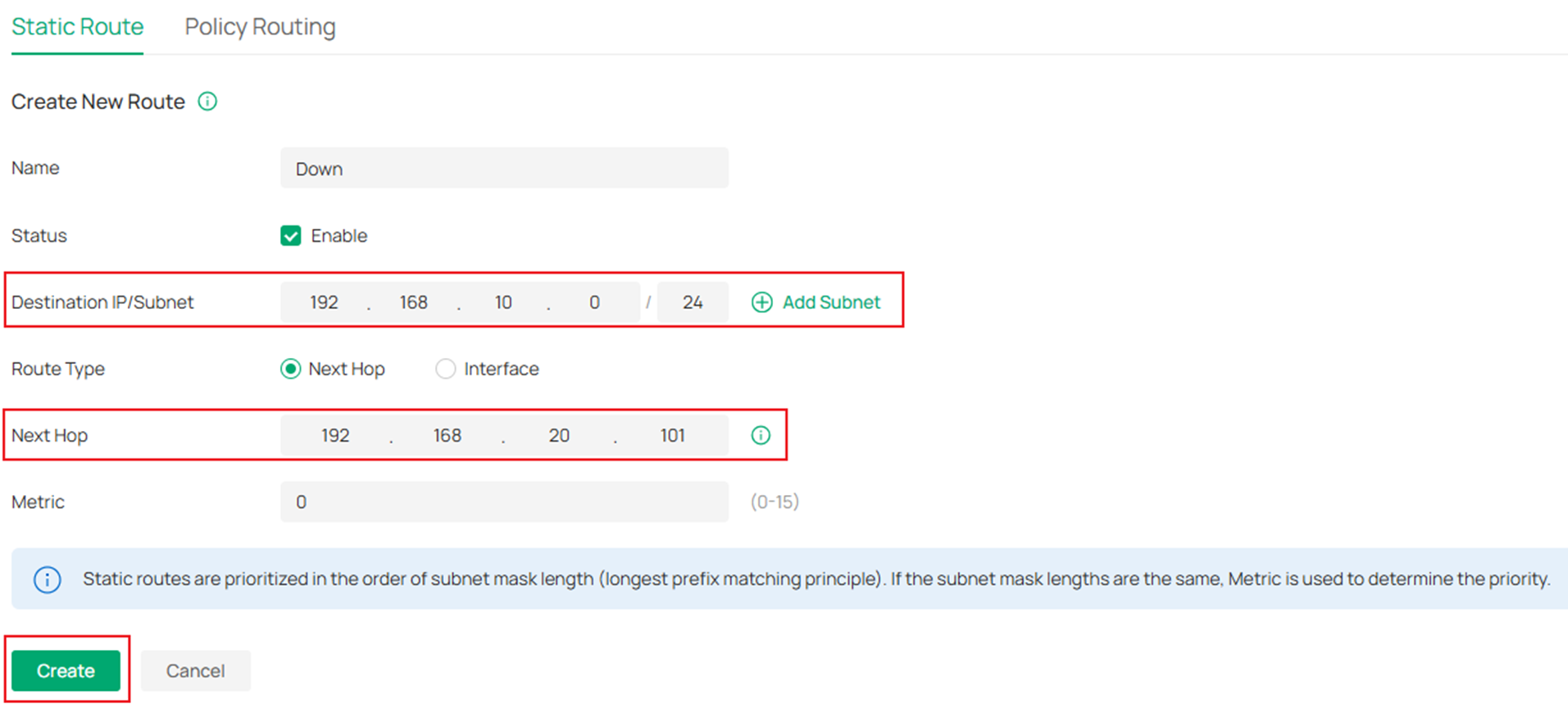 Show the gateway static route configuration page.