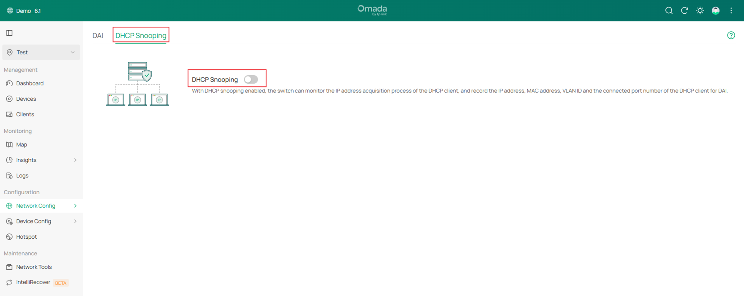 Show the DHCP Snooping configuration page.