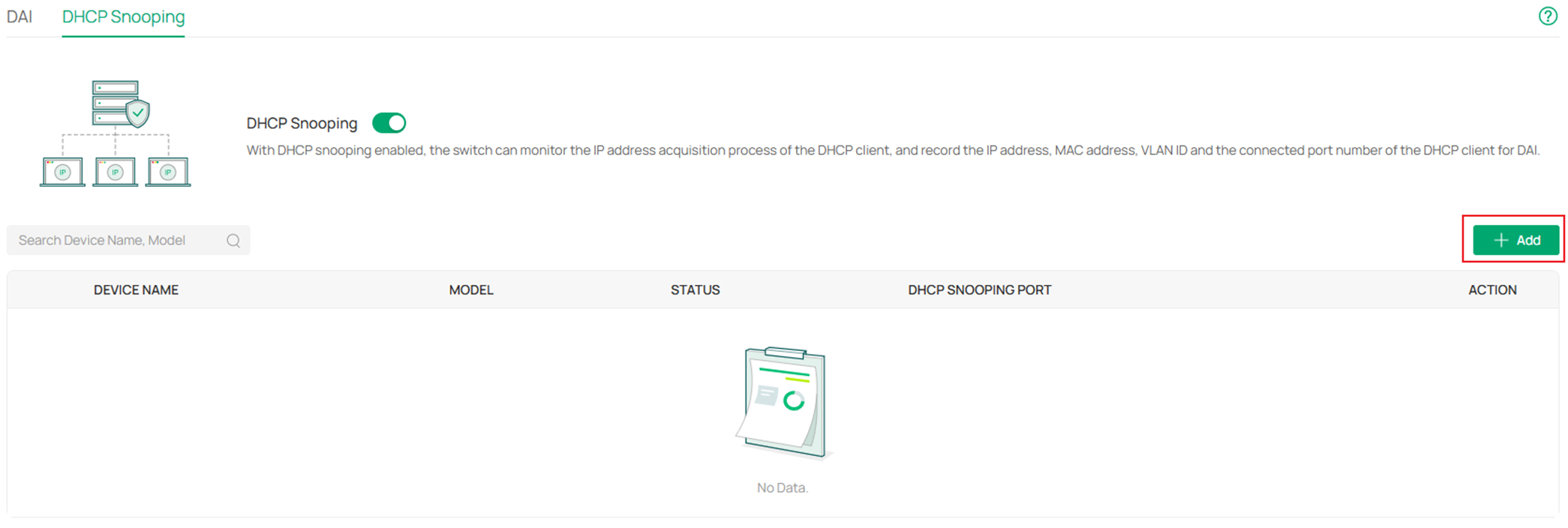 Show the DHCP Snooping configuration page.