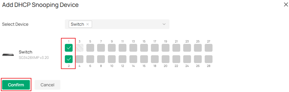 Show how to select ports in Add DHCP Snooping Device page.