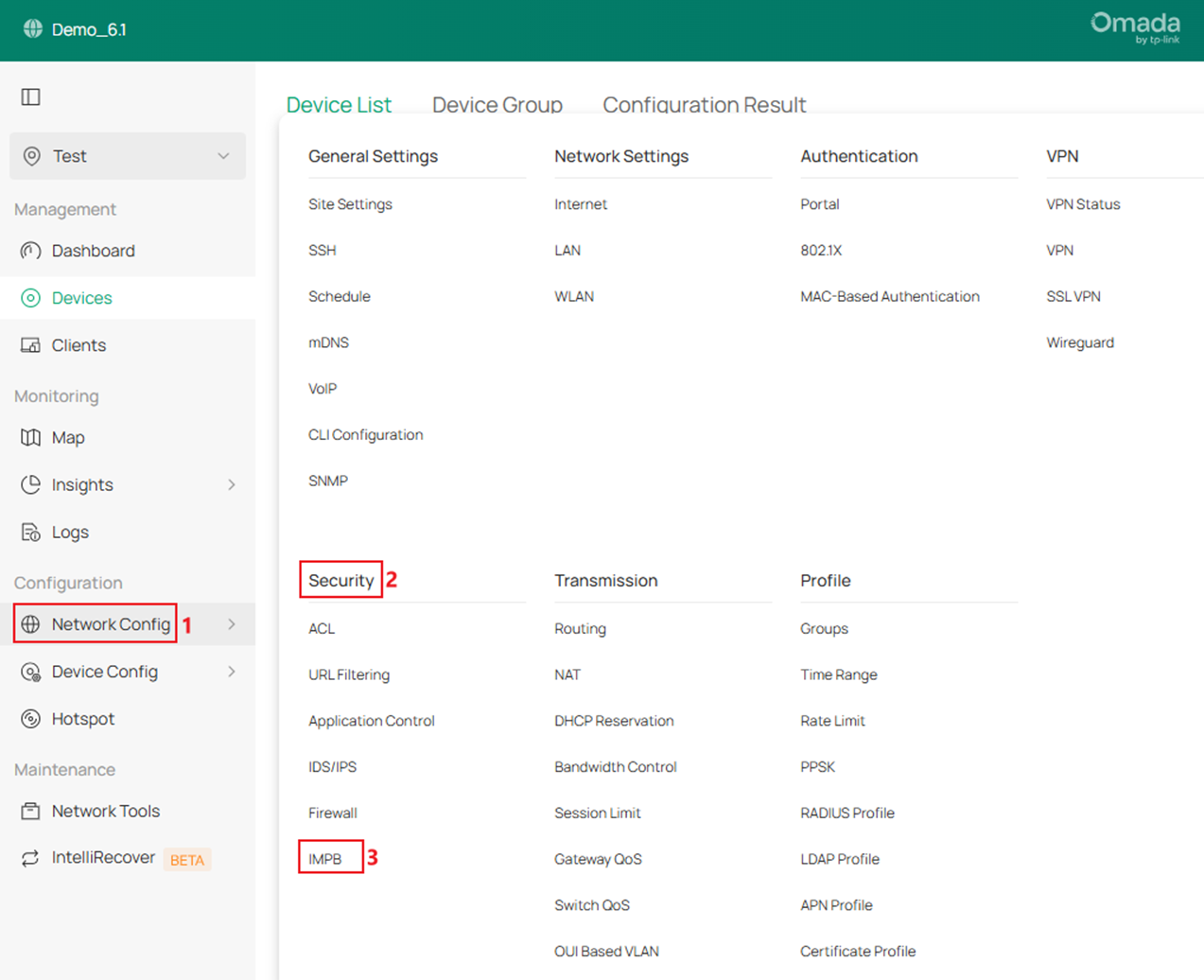 Show the process of entering IMPB configuration page.