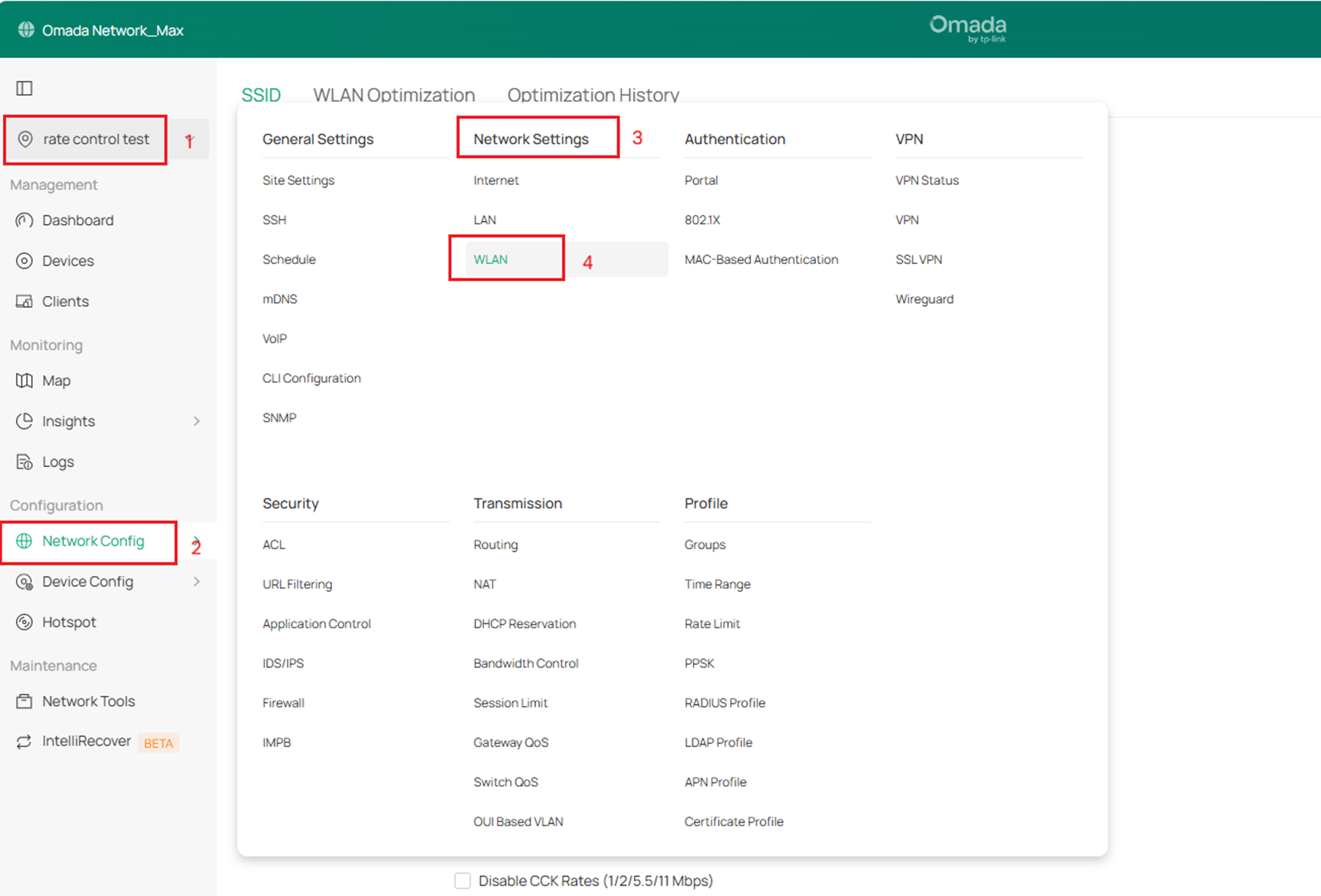 Log in to the Controller, go to Site’s Network Config> Network Settings > WLAN.