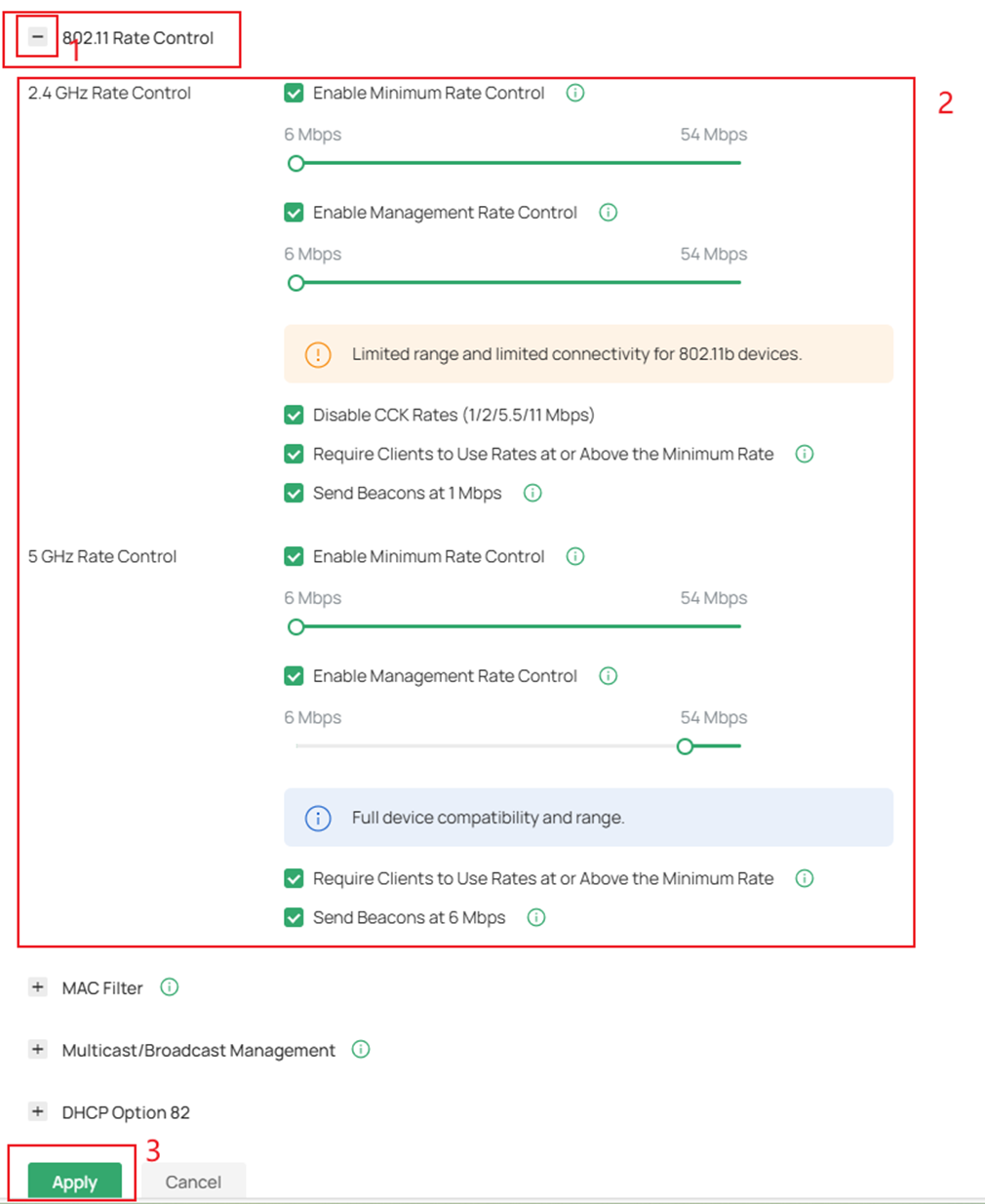 The 802.11 Rate Control page.