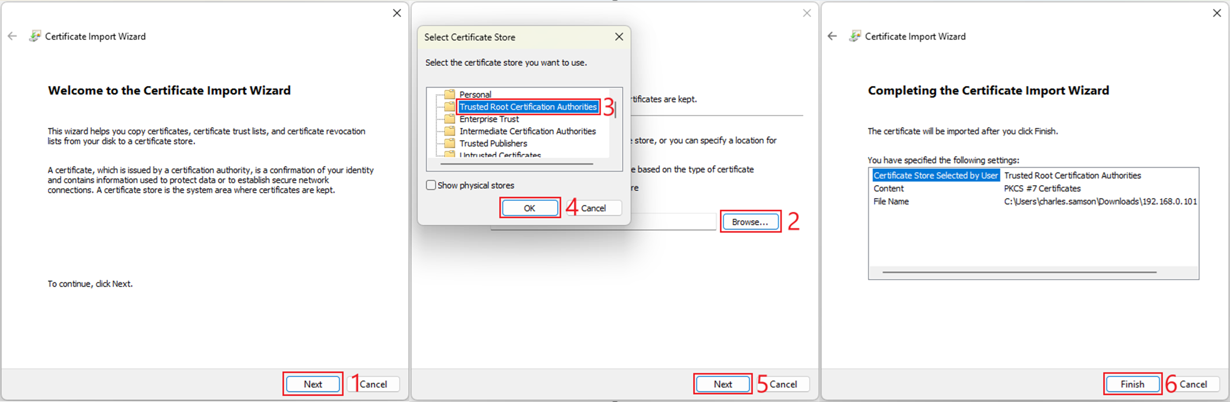 Steps to be taken through the Certificate Installation Wizard.