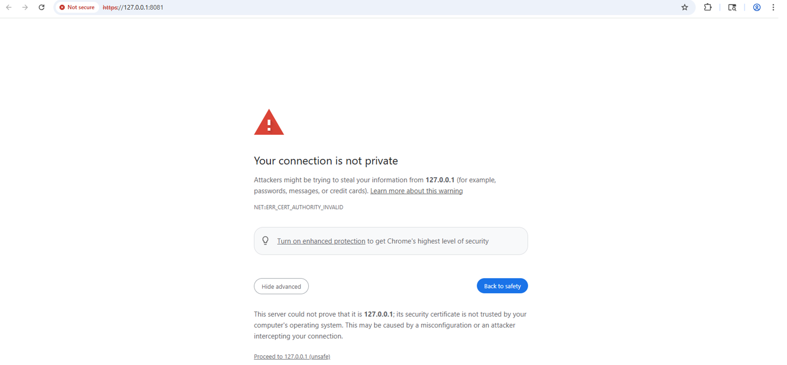 Untrusted certificate error message screen.