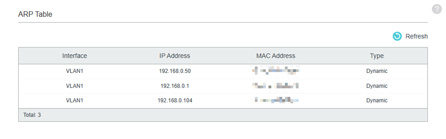 Screenshot of switch’s ARP Table.