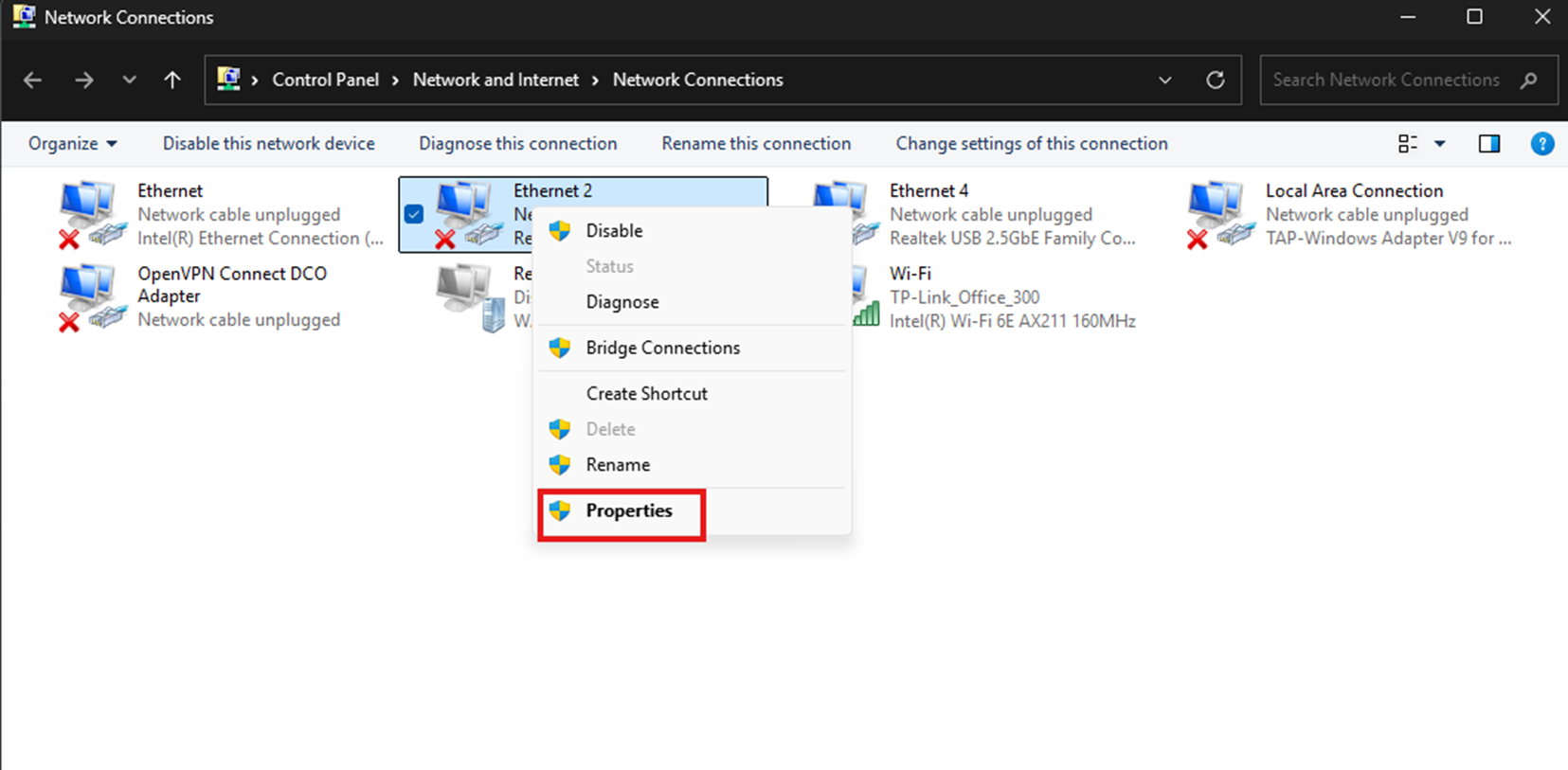 Show path of checking Network connection properties.