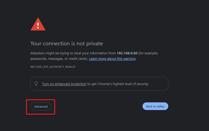Screenshot of the browser’s privacy warning.