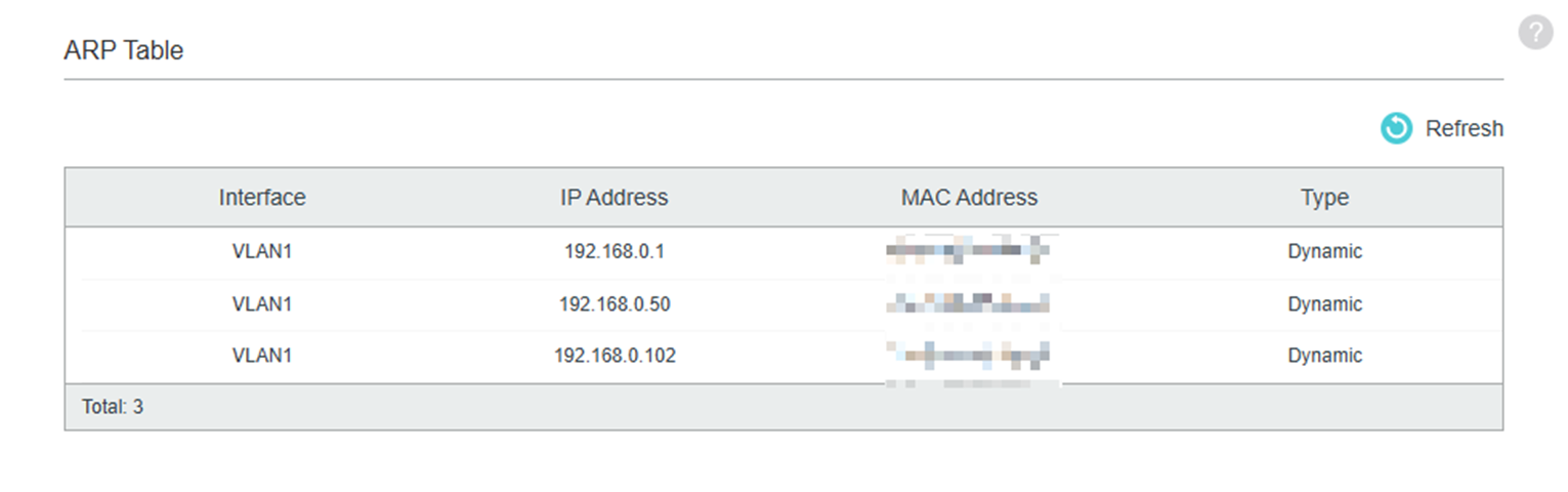Screenshot of switch’s ARP Table.