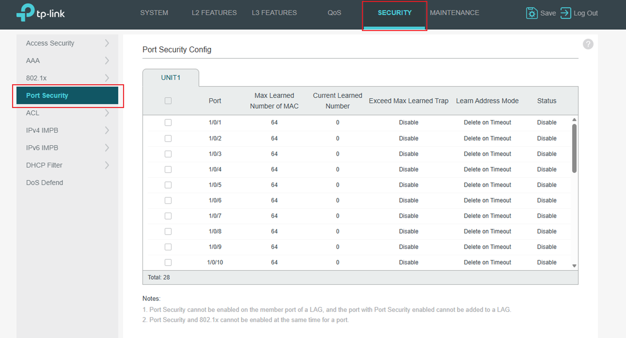 The position of Port Security in the standalone page.