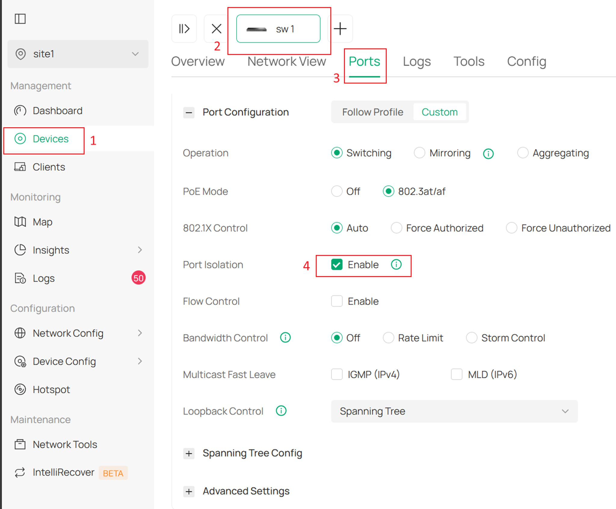 Screenshot of the first configuration method for Port Isolation in controller mode, where you configure each port individually.