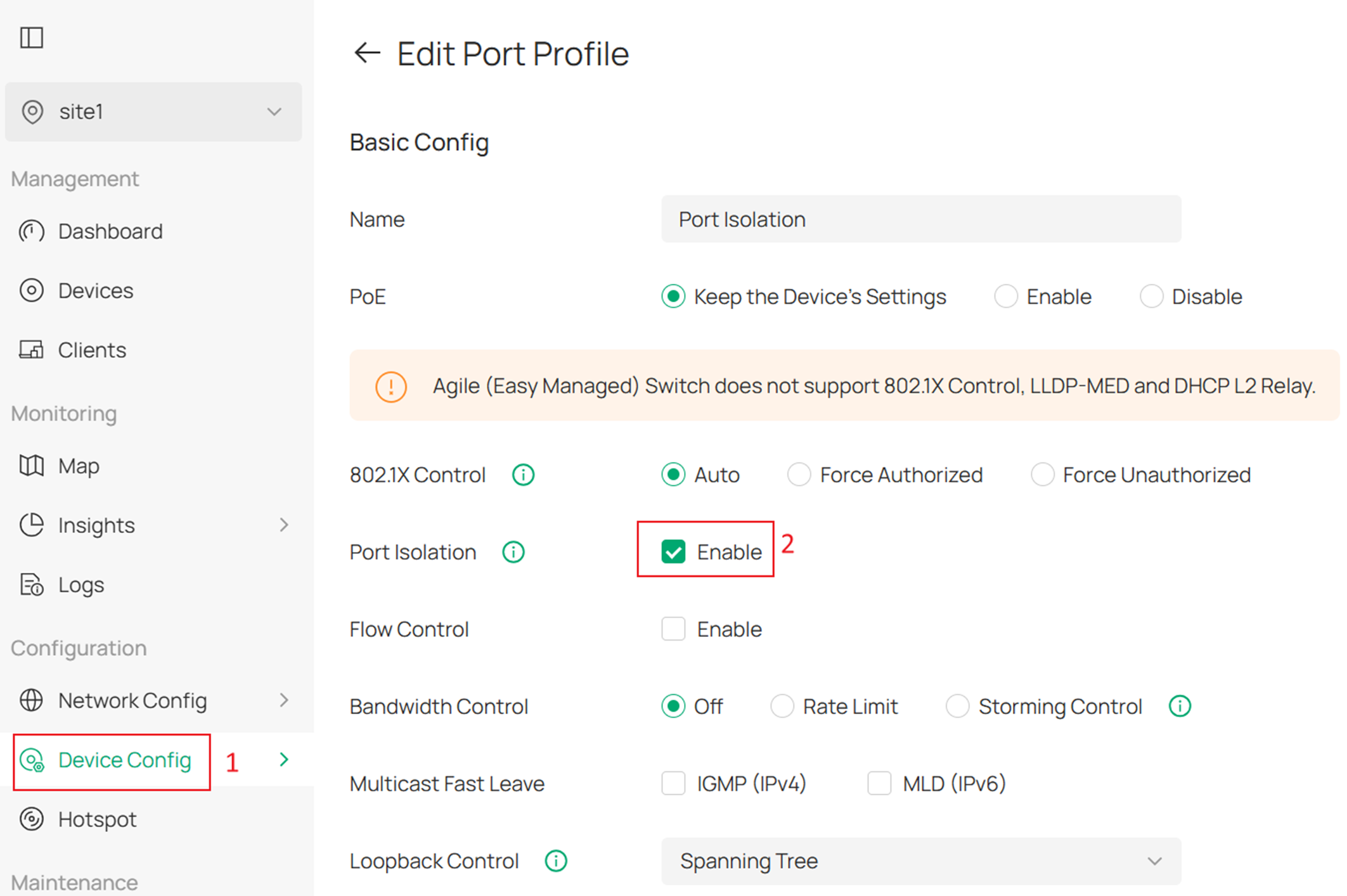 Screenshot of the second configuration method for Port Isolation in controller mode, where you first create a profile with Port Isolation enabled.