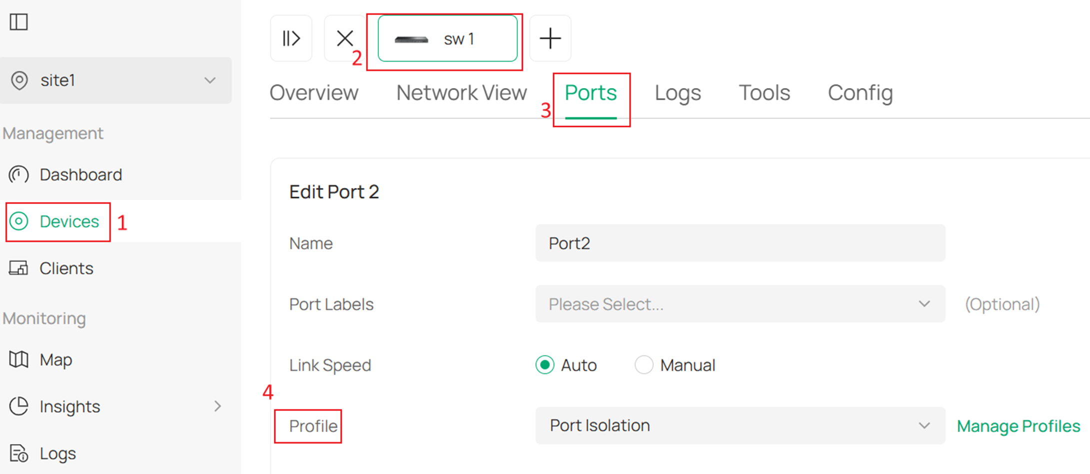 Screenshot of how to apply the profile to ports in the second configuration method for Port Isolation in controller mode.