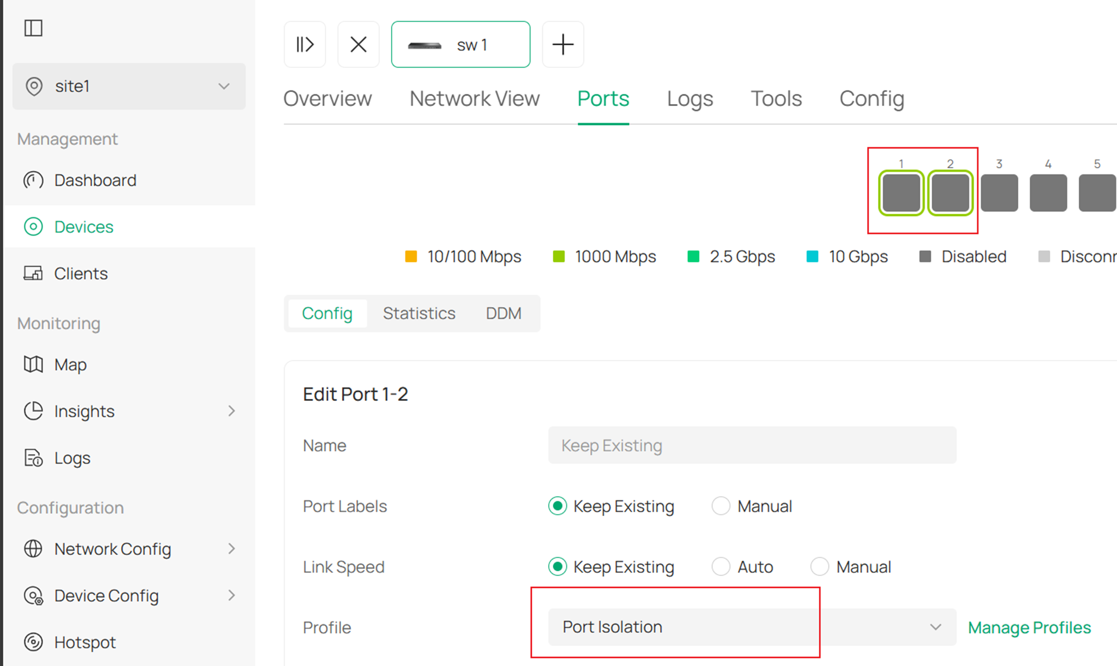 Screenshot of how to apply the profile to multiple ports at the same time.