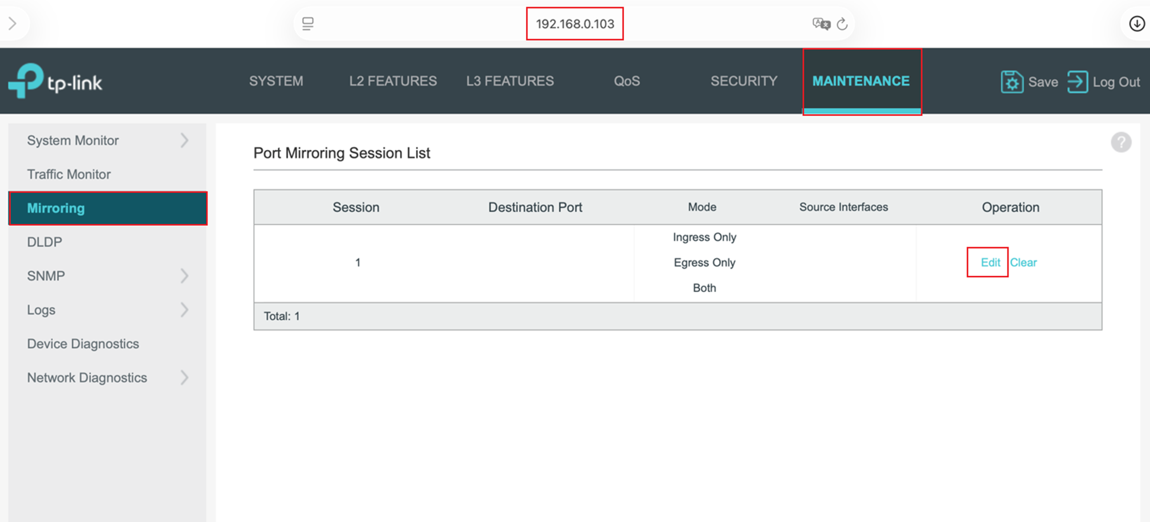 Screenshot of switch’s Web Management Interface highlighting the menu path: MAINTENANCE > Mirroring > Edit