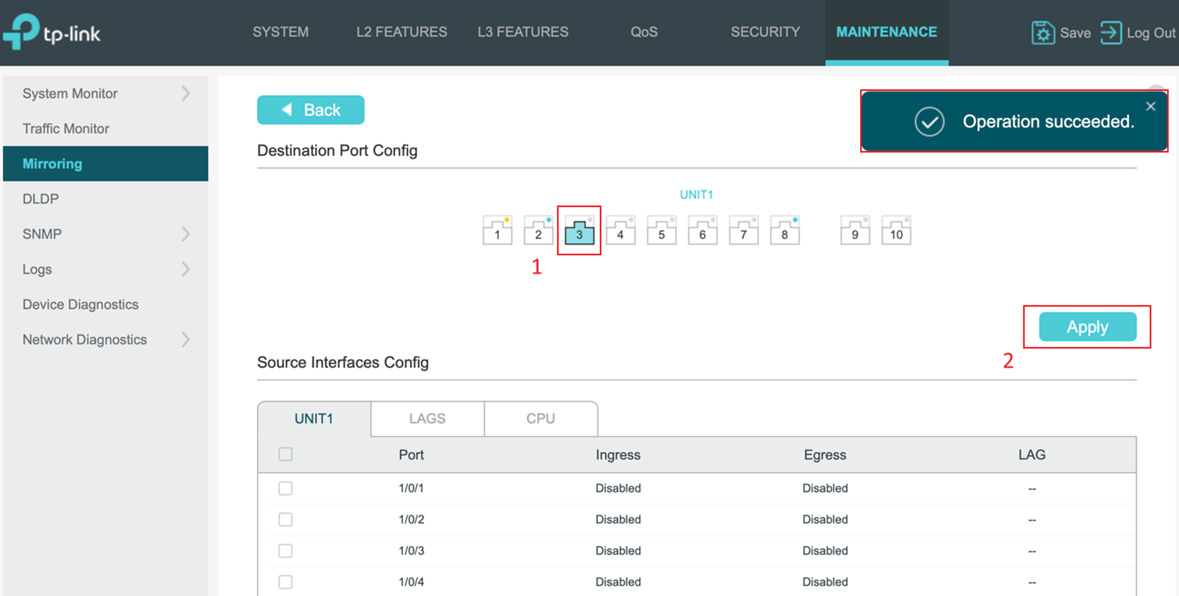 Screenshot showing the Port Mirroring configuration page with Destination Port field and Apply button highlighted.