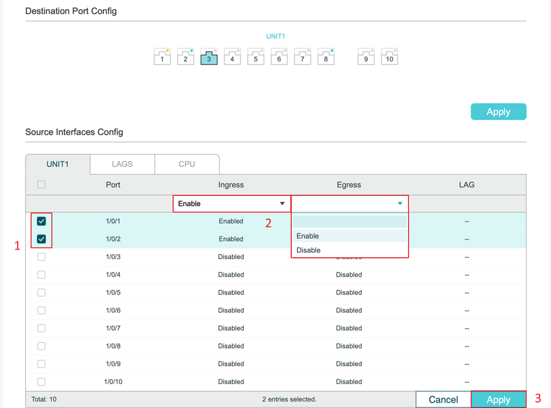 Screenshot showing two selected ports with both Ingress and Egress set to Enable, and the Apply button avaliable for saving changes.