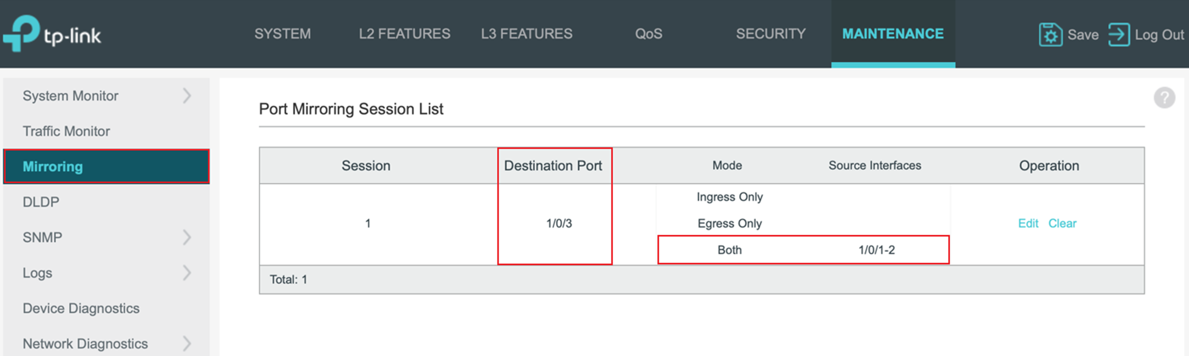 Mirroring Session List showing destination port 1/0/3, with source ports 1/0/1 and 1/0/2 displayed in Mode: Both.