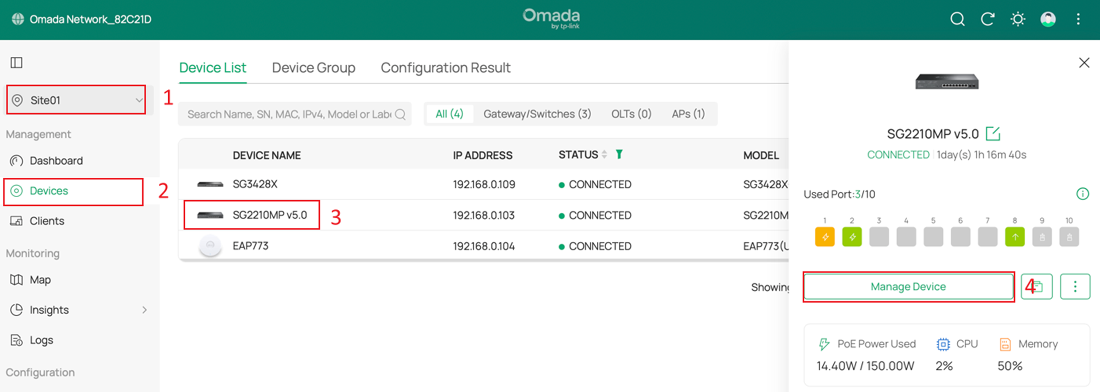 Site page showing a selected switch and the Manage Device Option in the pop-up menu.