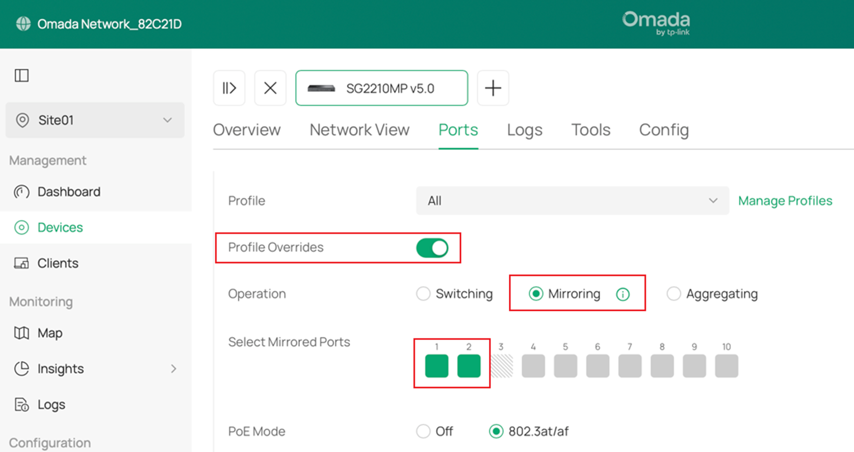 Port configuration page showing the Profile Overrides section, the Select Mirrored Ports area where port 1 and port 2 are selected.