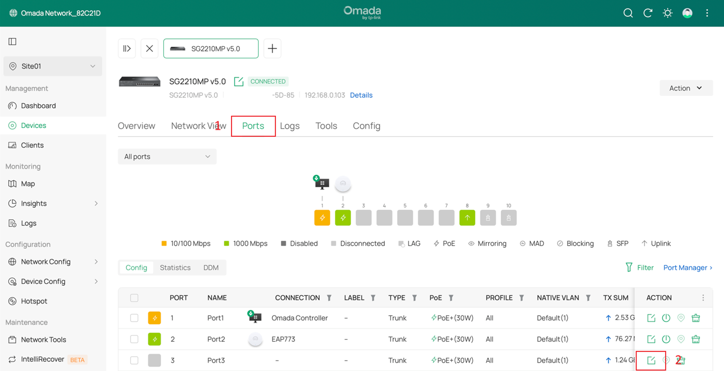 Ports tab showing the list of switch ports with the Edit button for Port3 highlighted.