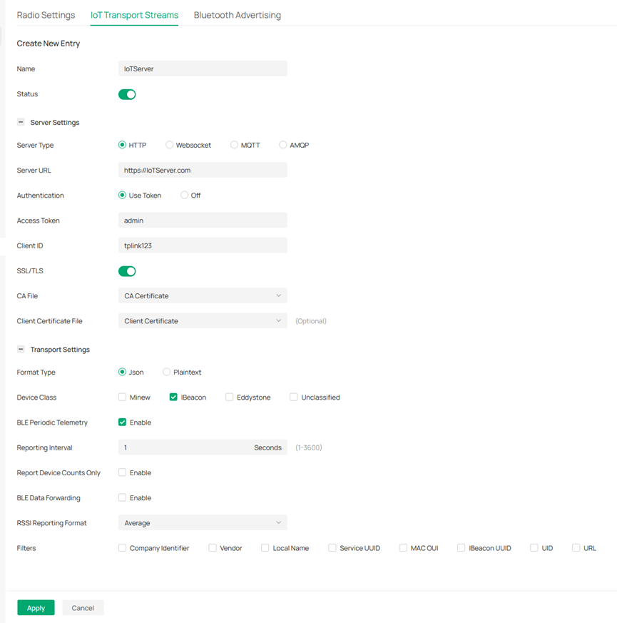 Click Create New Entry to configure the rules for the EAP to forward Bluetooth data.