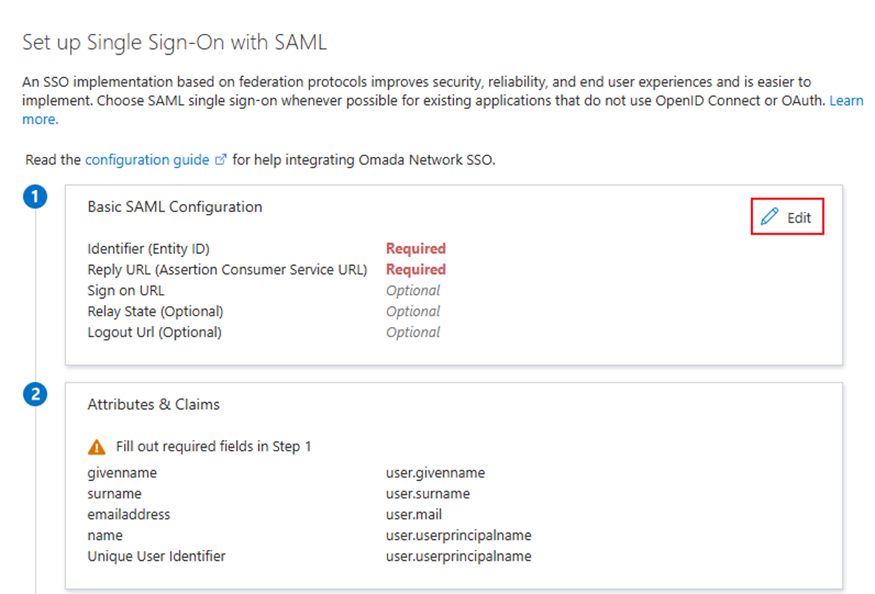 Show the way to configure the identifier and reply URL.