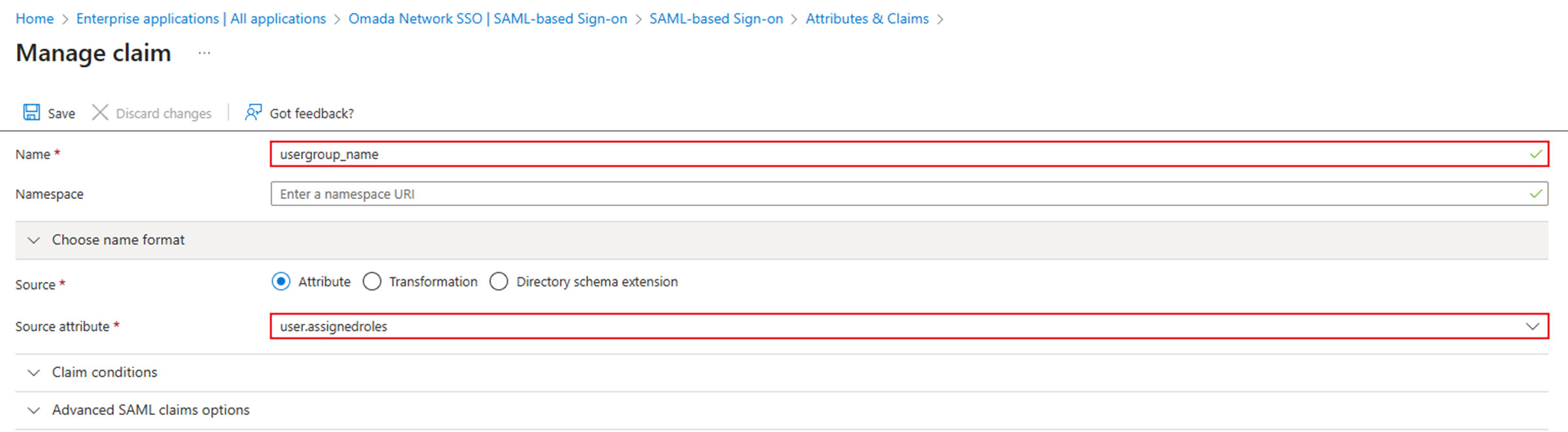 Add the attribute usergroup_name, and parameters should be input as the sample.
