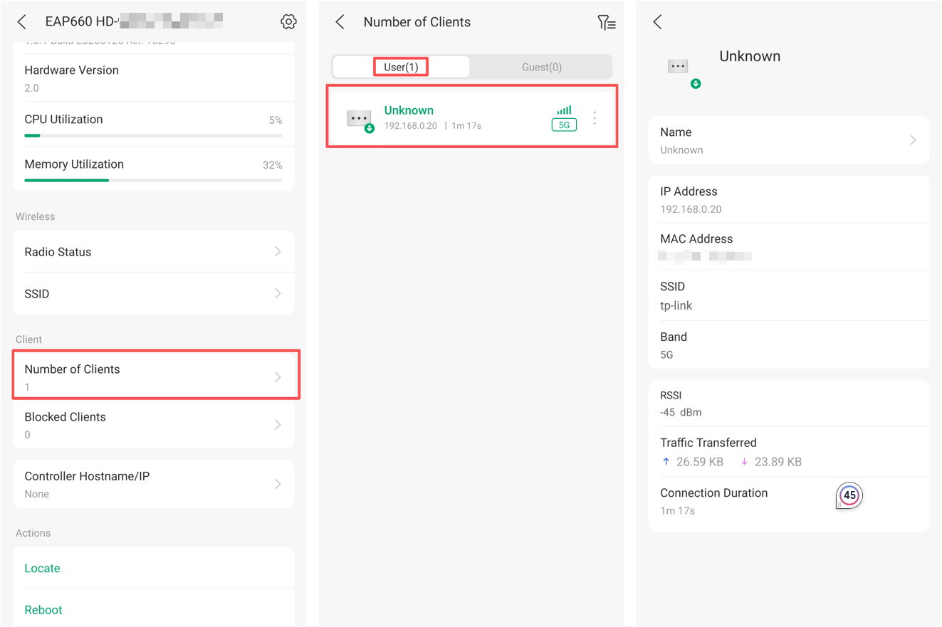 Show how to check client info in Omada App.