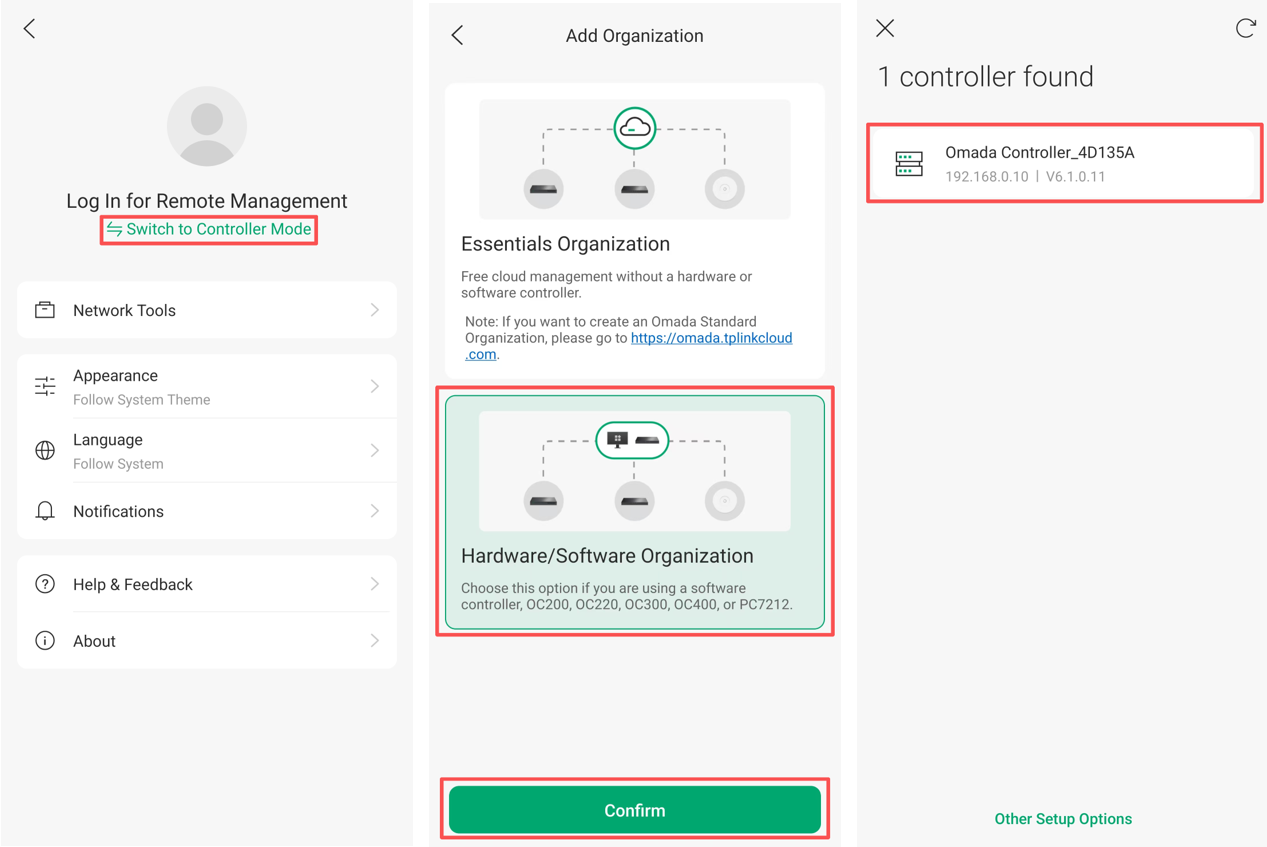 Show how to switch to controller mode when using Omada App.