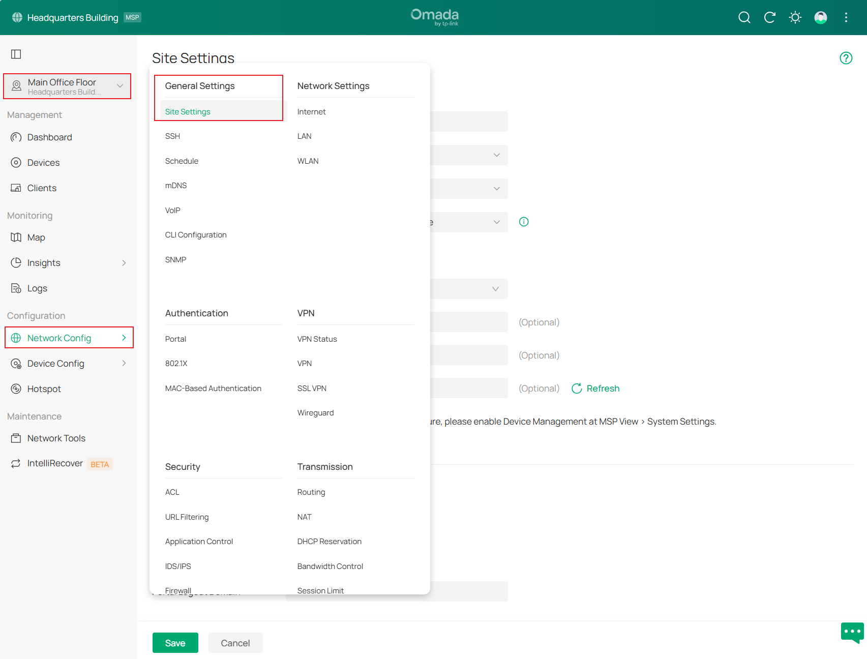 Show path of site settings.