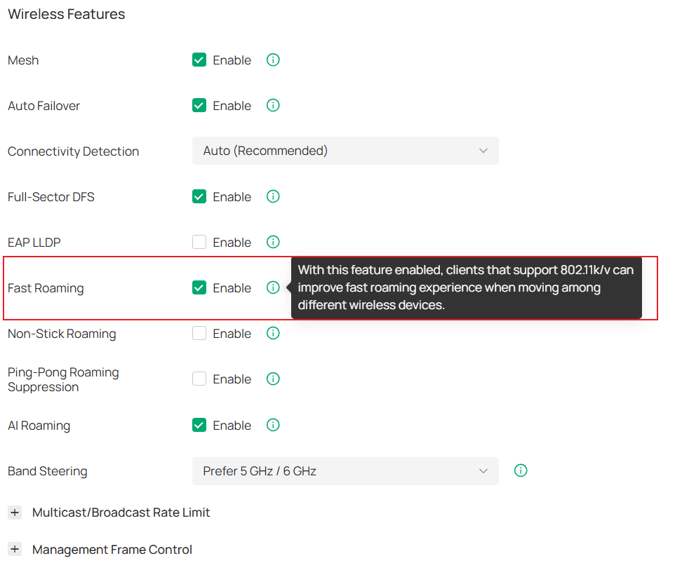 Show button of fast roaming.