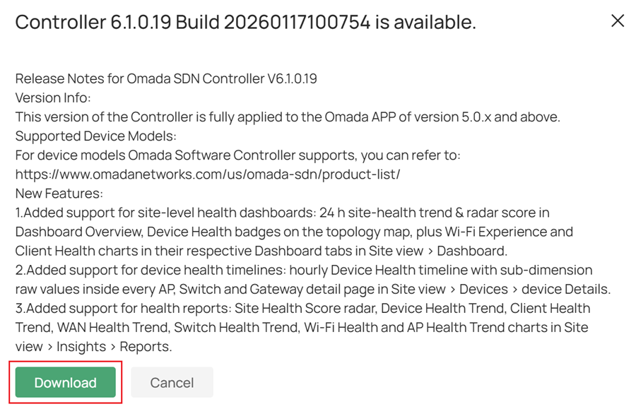 Show new version release note and Download button.