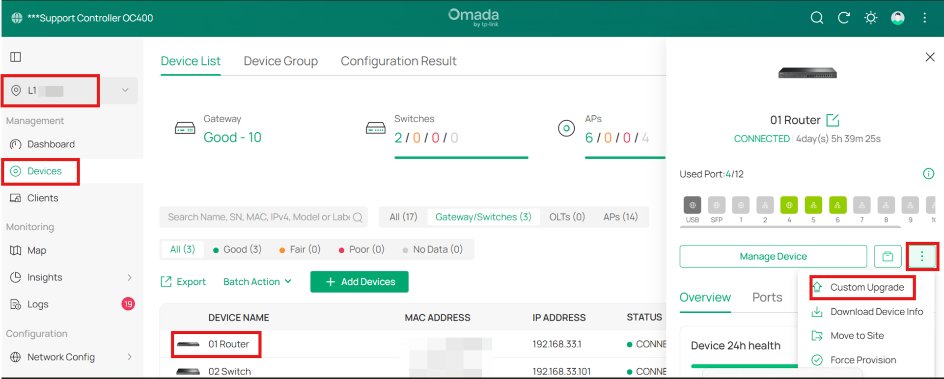Path to Gateway custom upgrade on Omada Controller.