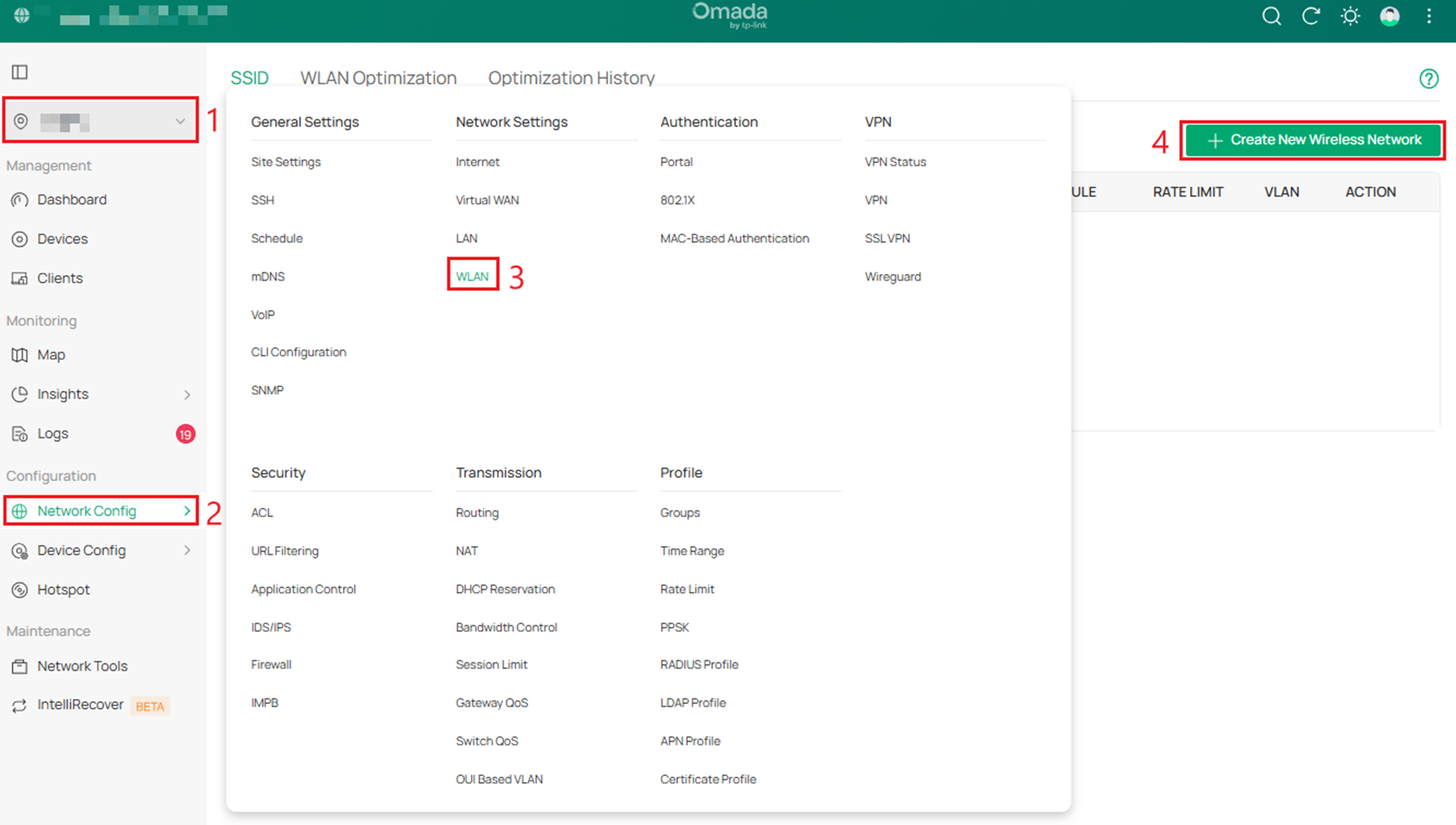 The position to create a new wireless network on the Controller.