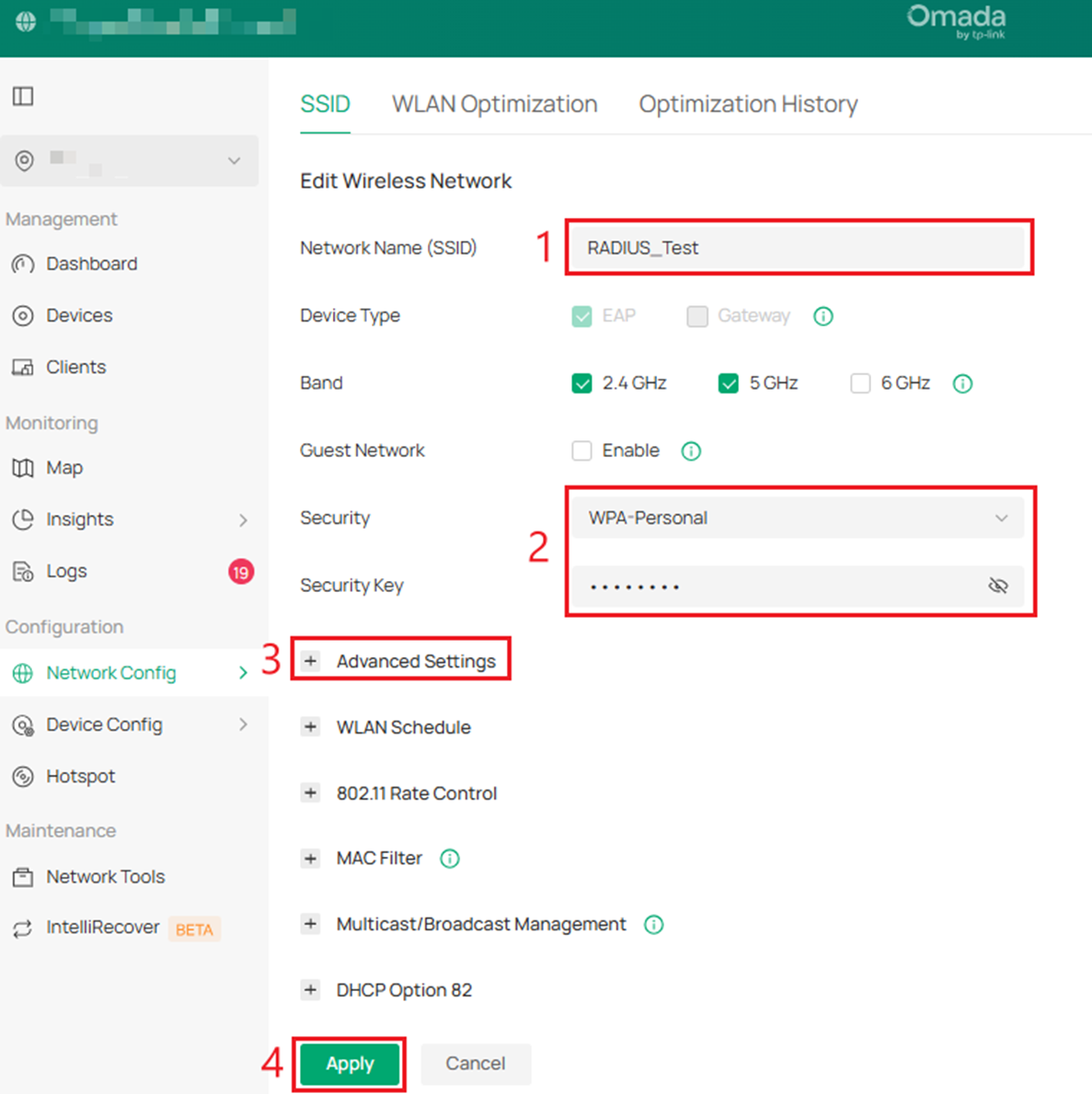 Configurations of the wireless network, including SSID/Security/Advanced settings.