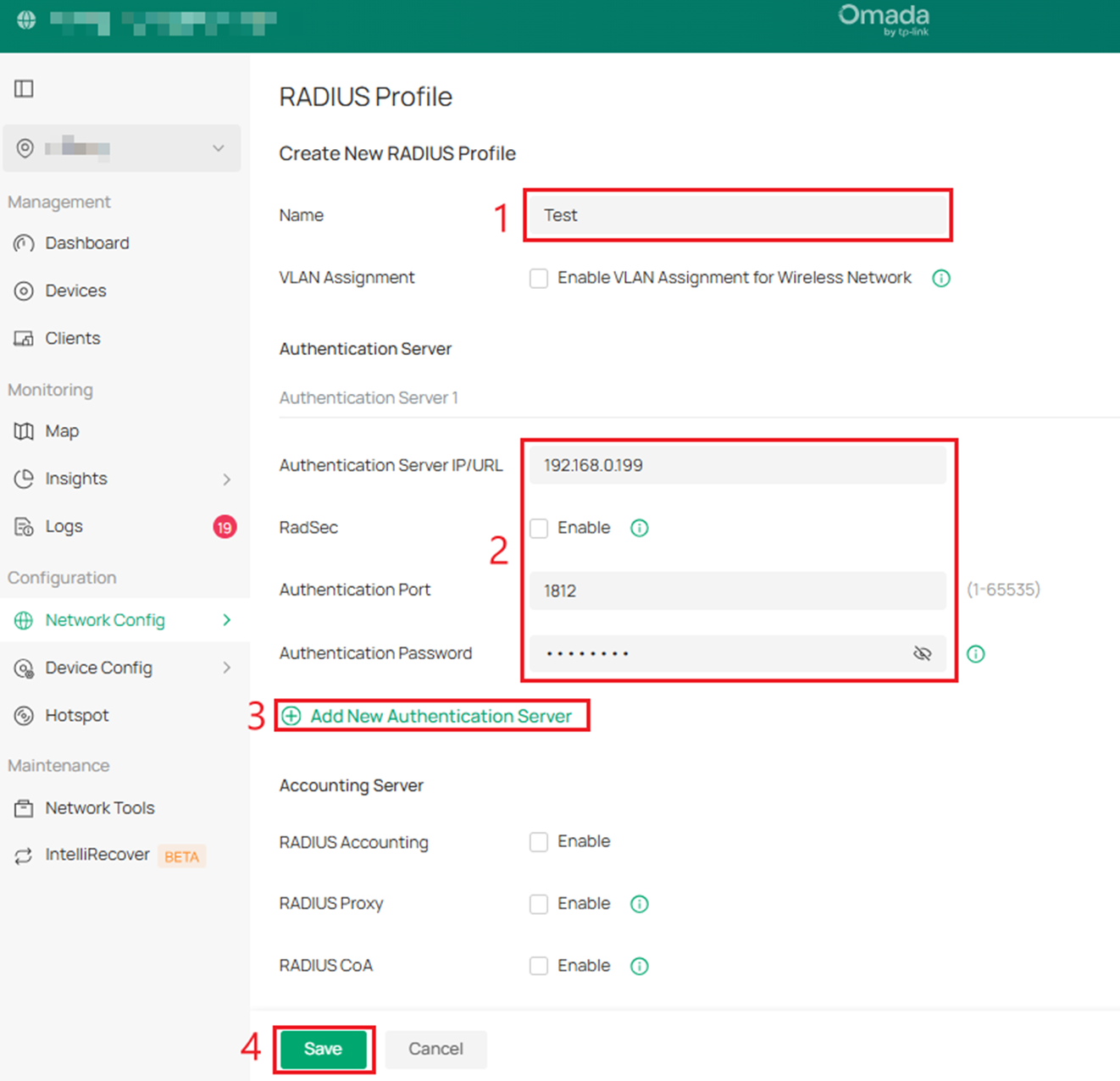Configurations of the radius profile, including Name/Authentication Server IP/URL.