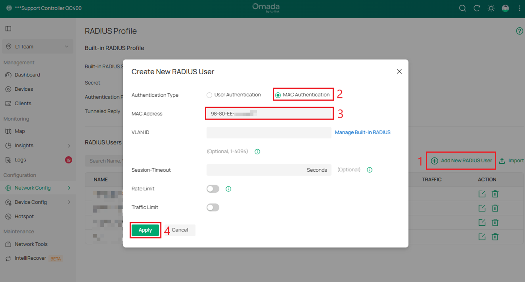 Configure Authentication Type and MAC Address in the pop-up window.