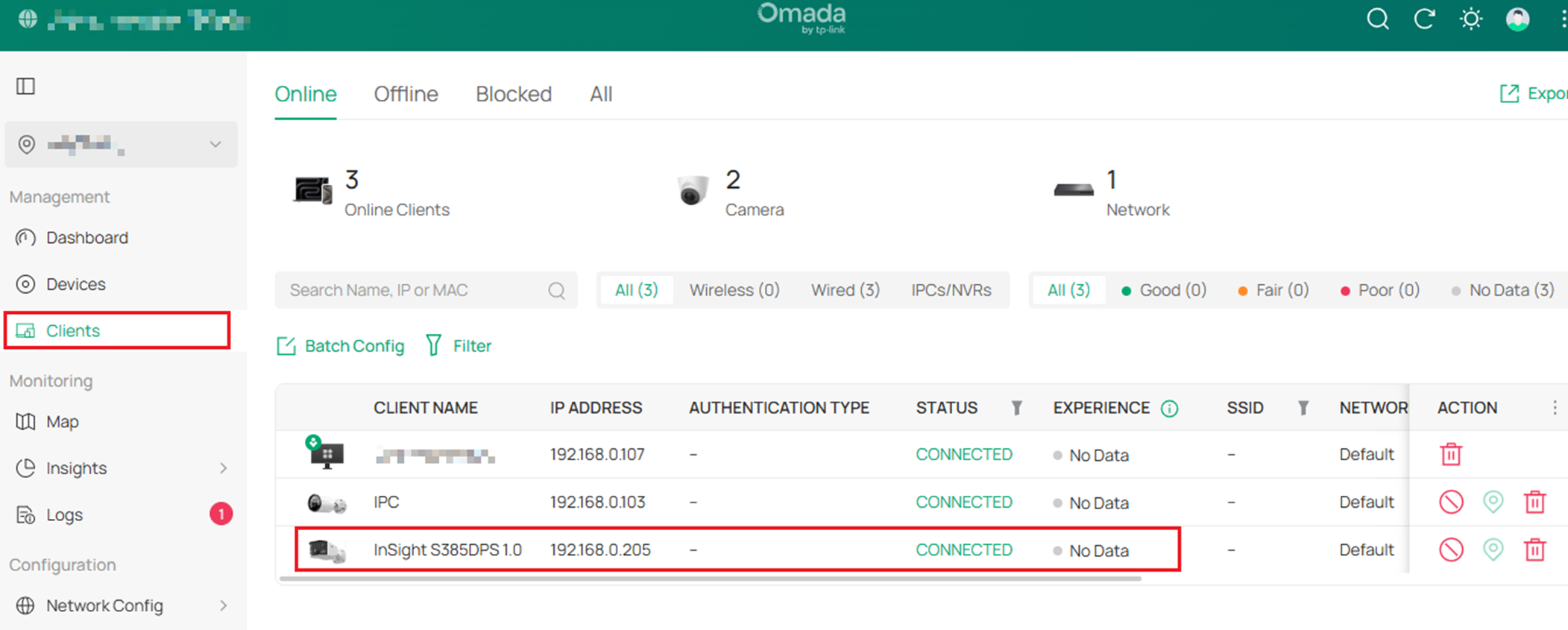 Updated client list displaying the device with its newly assigned IP address.