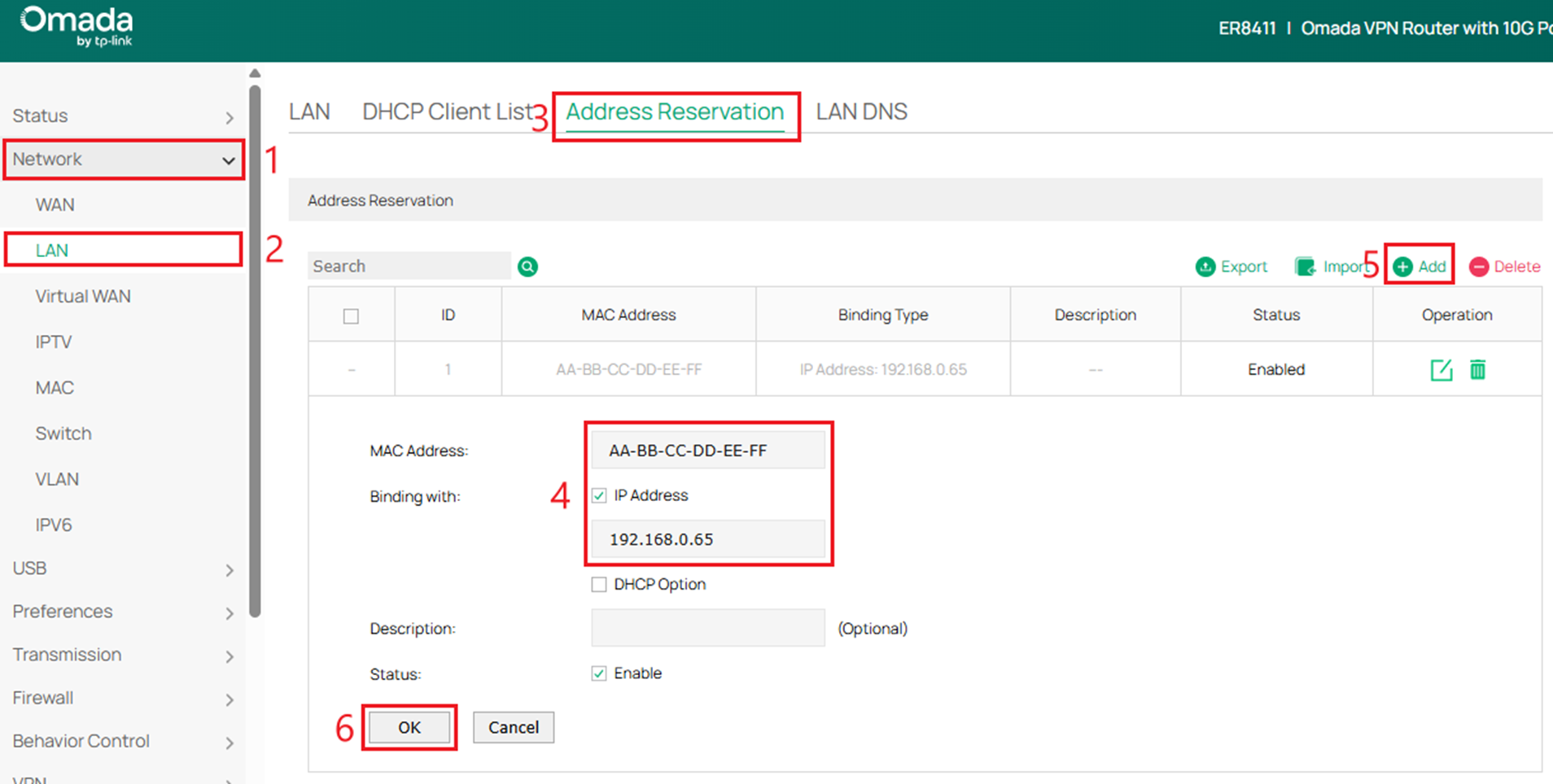 The position to fill in Address Reservation needs to configure MAC Address and IP Address.