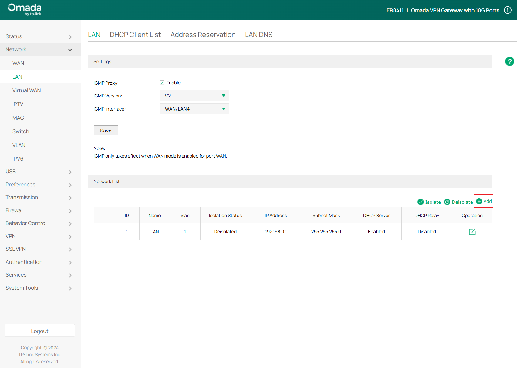 Show path of how to create a new LAN in standalone page.