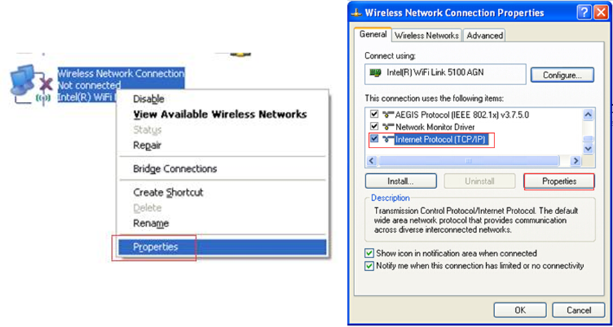 The method to find the TCP/IP properties window.